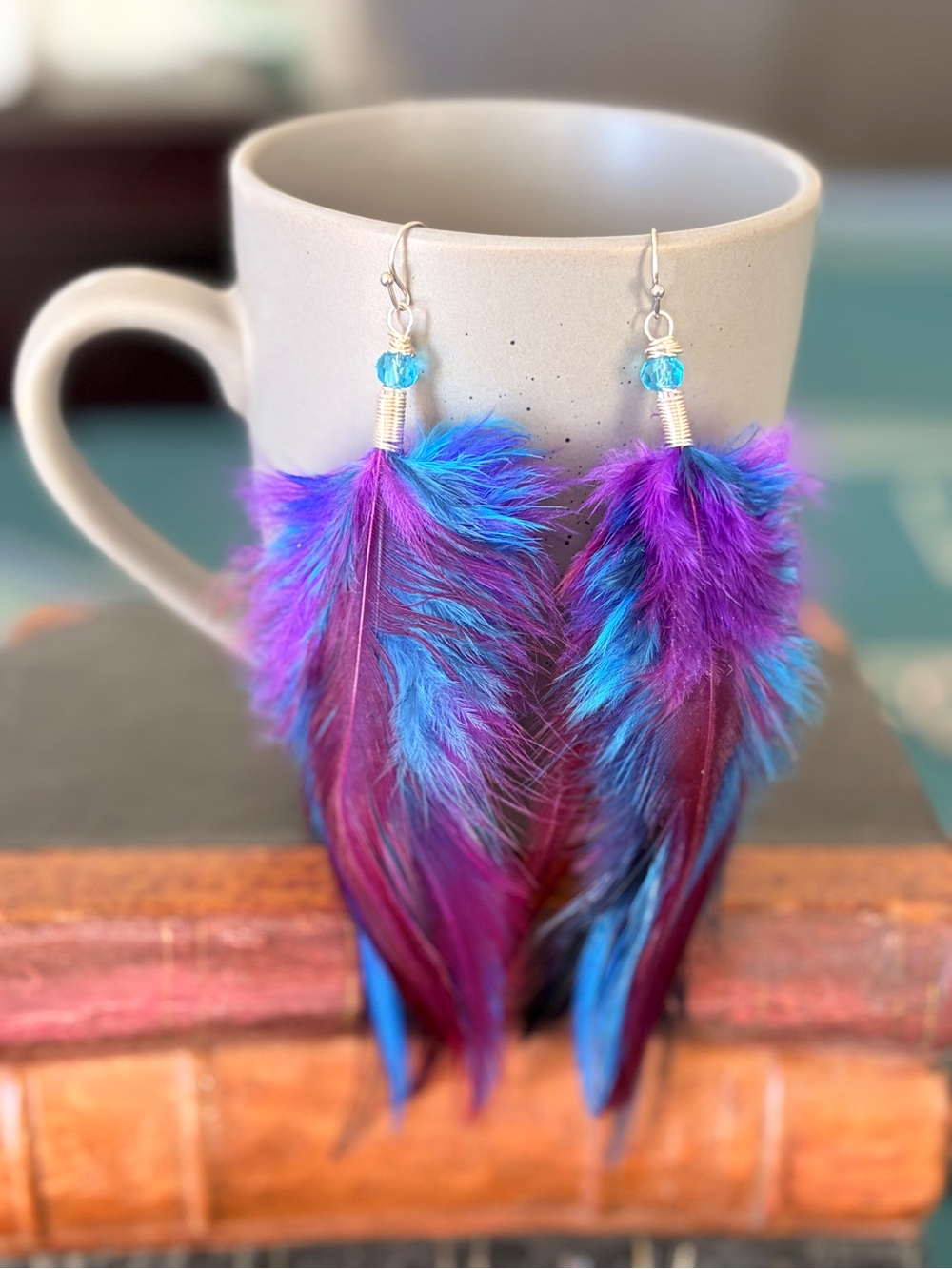 Handmade Purple and Blue Feather Drop Earrings